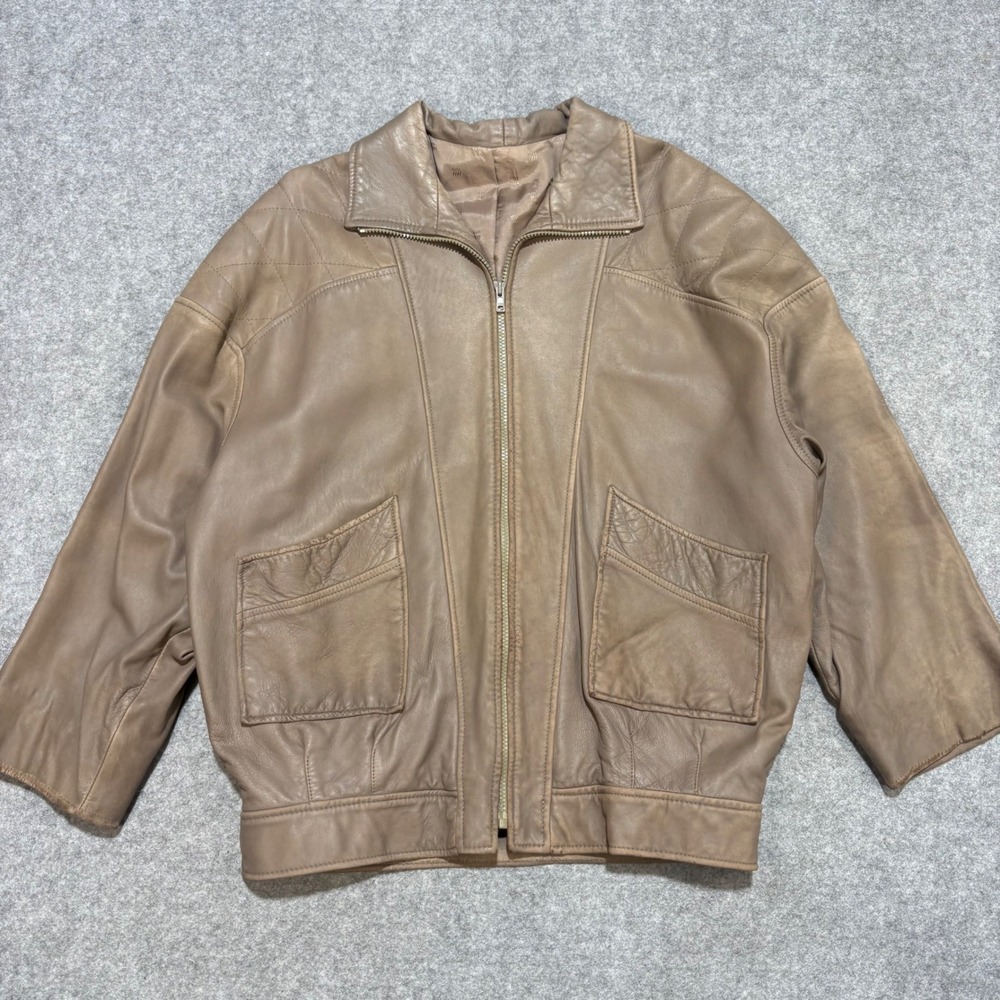 Vintage Tan Leather Bomber Jacket Quilted Shoulder Full Zip Retro 80s 90s Brown